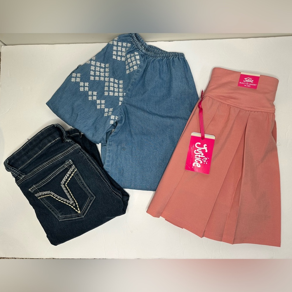 3PC Girls Bundle 10/12 Justice Pleated Skort NWT+Old Navy Chambray+Vigoss‎ Jeans